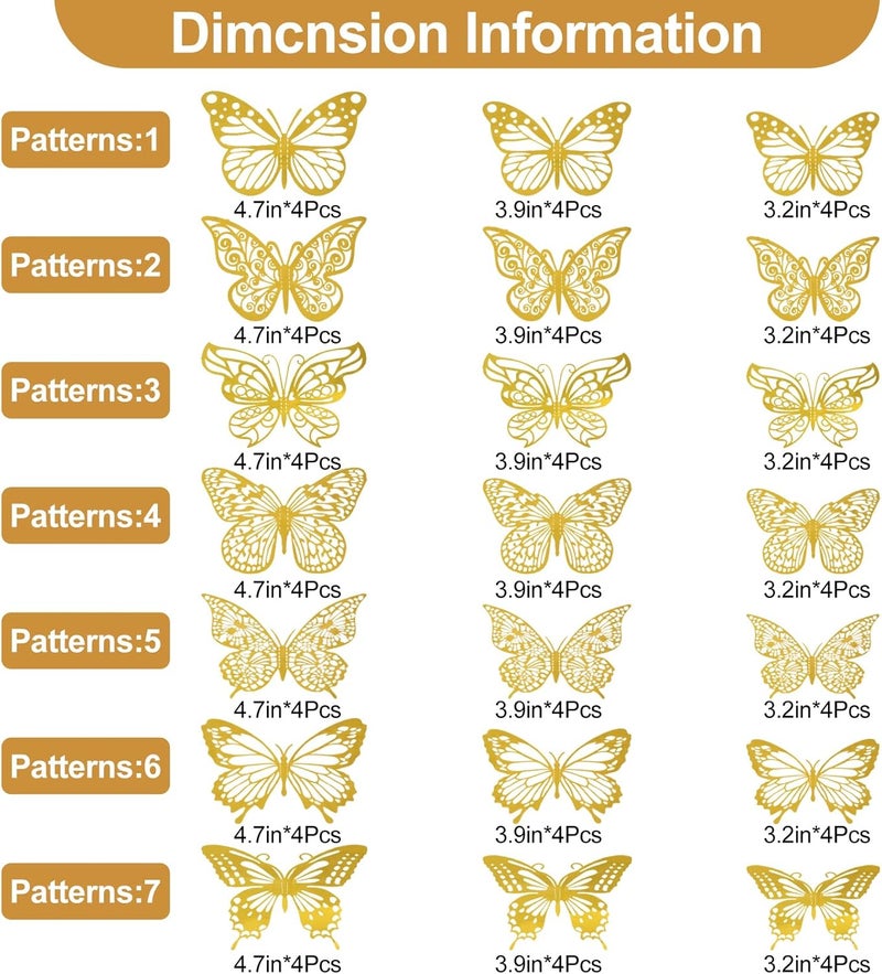 Rindion 84PCS 3D Butterfly Decorations, 3 Sizes 7 Styles Butterfly Wall Decor Gold Butterflies Decorations for Cake, Butterflies Party, Birthday, Wall - Image 2